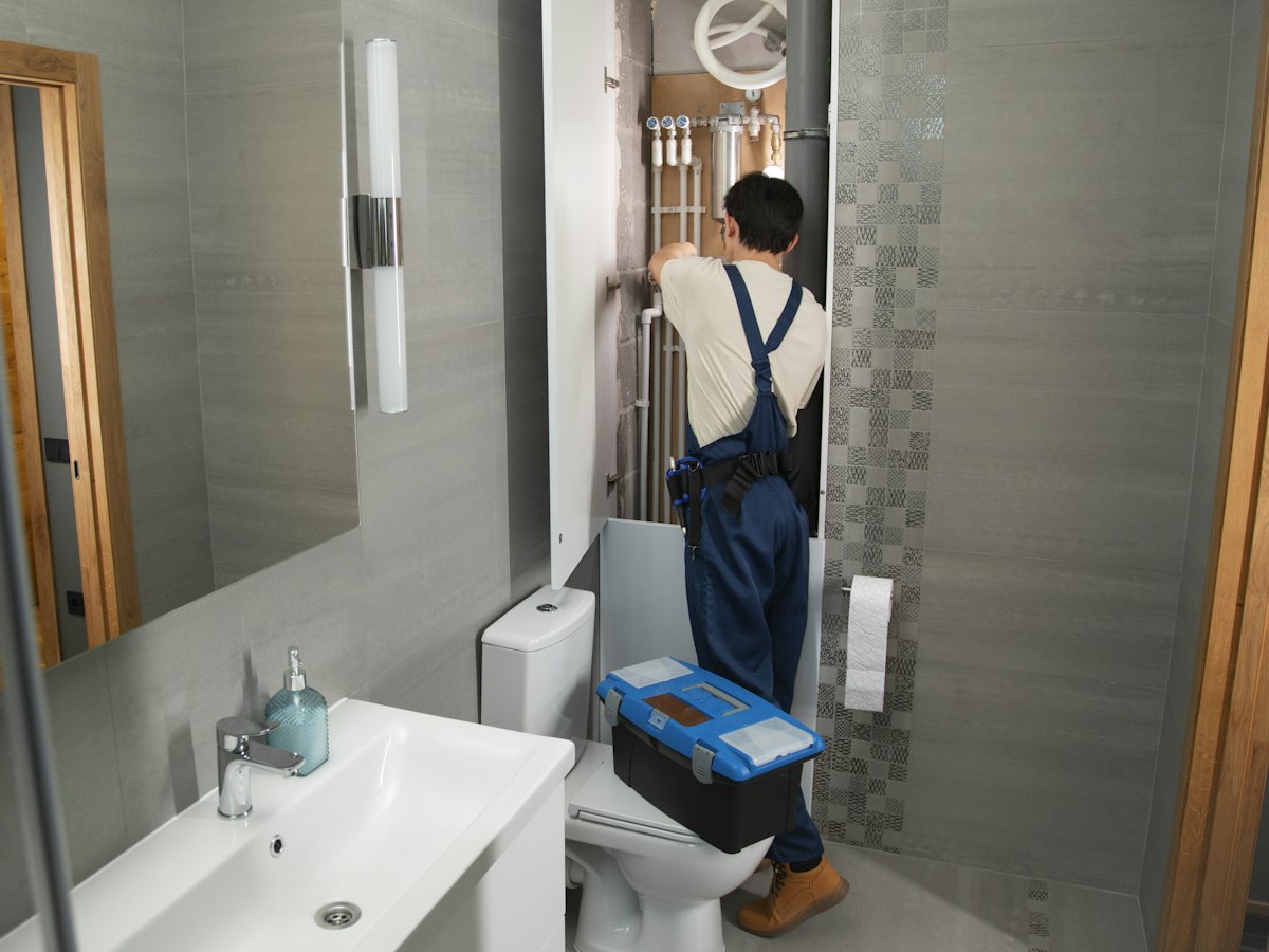 Anchor plumber repairing concealed valves behind a bathroom wall